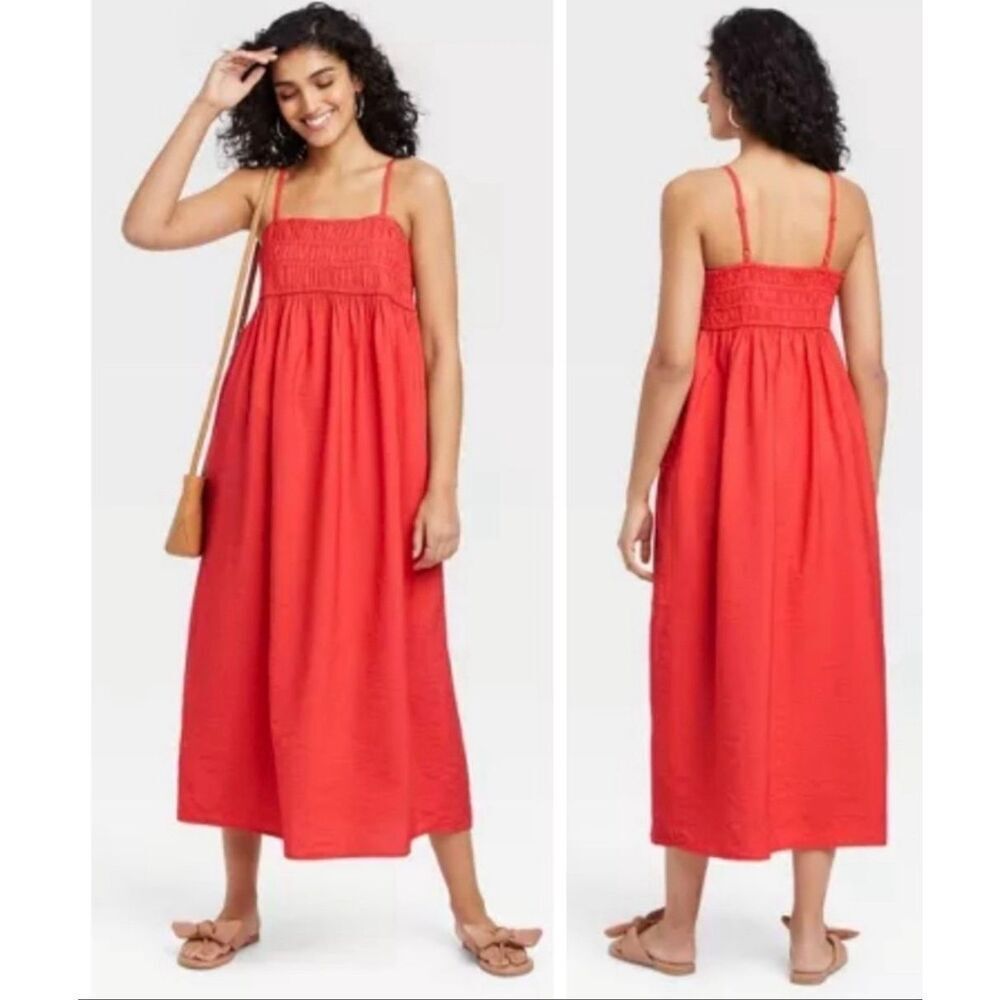 NWT A New Day Women’s Smoked Bright Red Midi Vacation Spaghetti Strap Dress XL